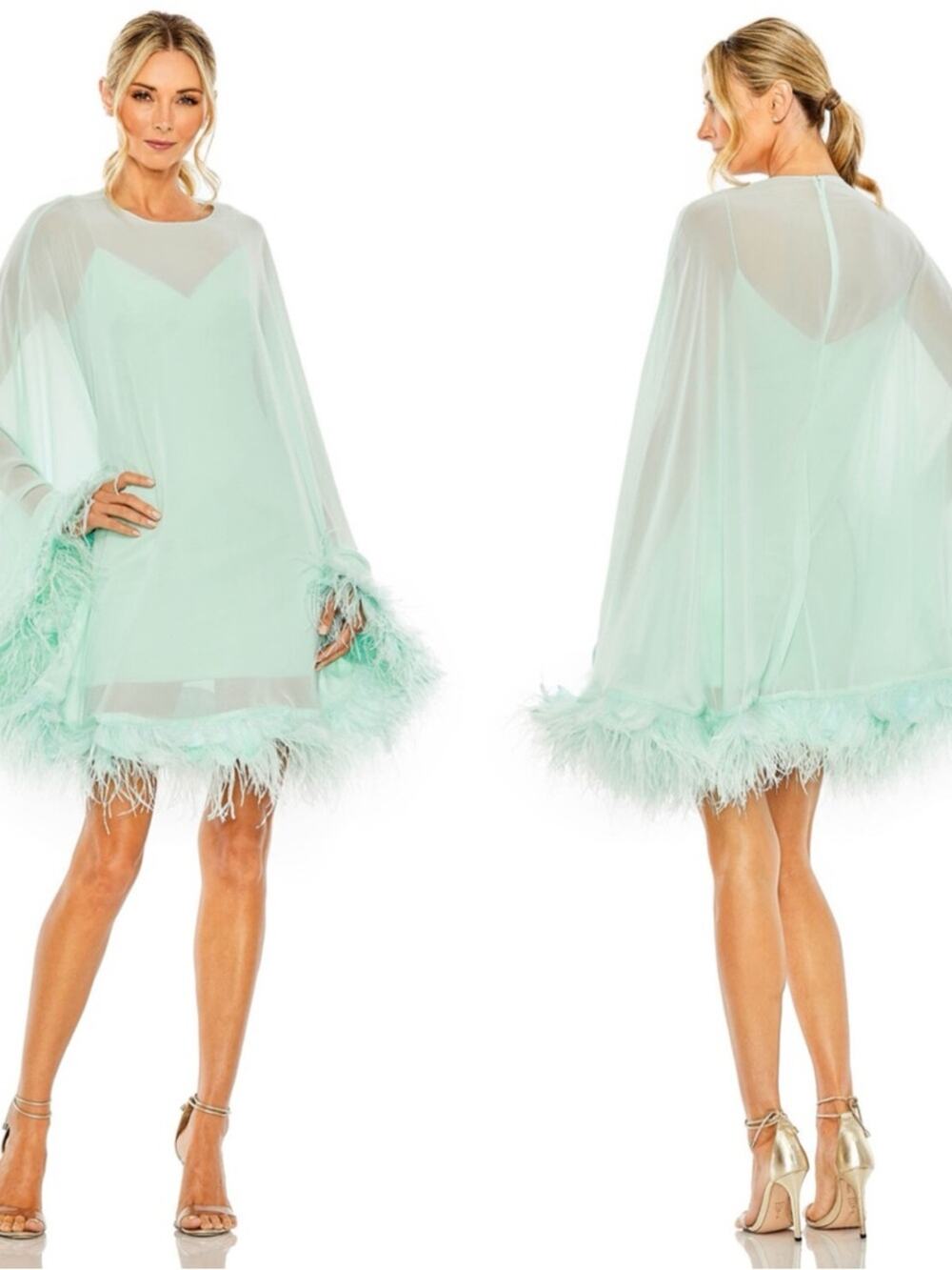 MAC DUGGAL Feather Hem Sheer Cape Green 11622 Mini Dress Size 6